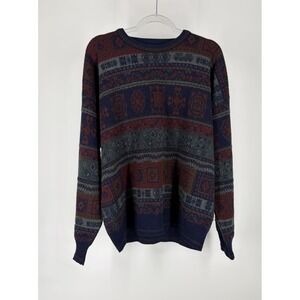 Alfani Sweater Mens XL Navy Wool Italy Grandpa Geometric Knit VTG 90s Crewneck